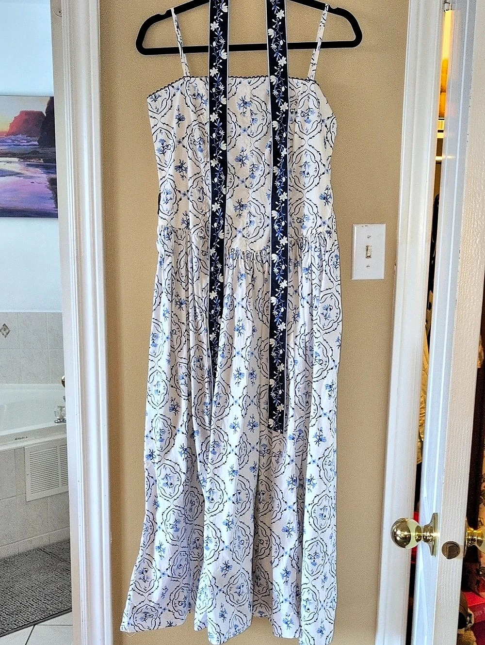 H&M Smocked-Bodice Bandeau Dress Floral Maxi White & Blue Medium